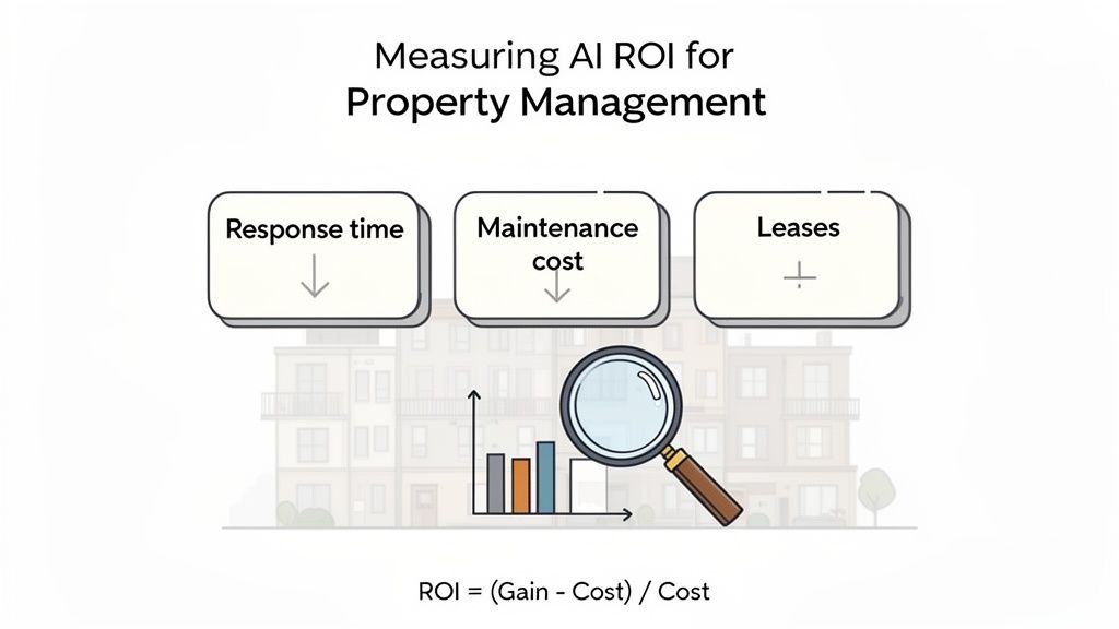 Visualizing AI ROI for property management, showing reduced response time, lower maintenance cost, and increased leases.