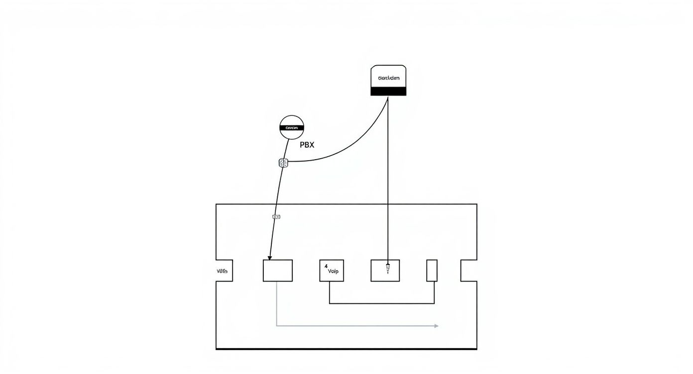 Diagram systemu telefonicznego PBX przedstawiający połączenia między centralą telefoniczną a urządzeniami VoIP i bramką Getxlaim