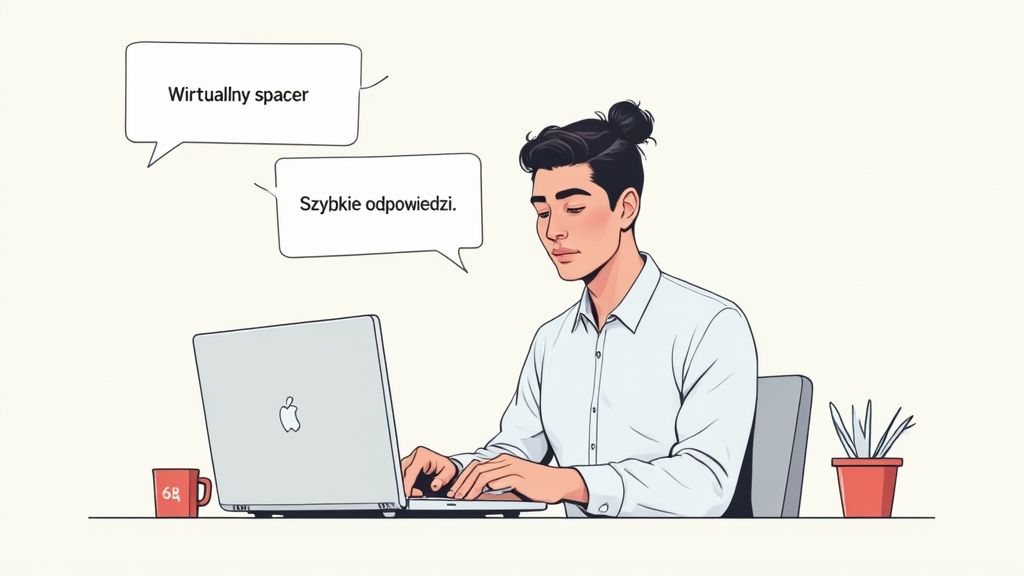 Mężczyzna pracuje na laptopie, a nad nim dymki z napisami 'Wirtualny spacer' i 'Szybkie odpowiedzi'.