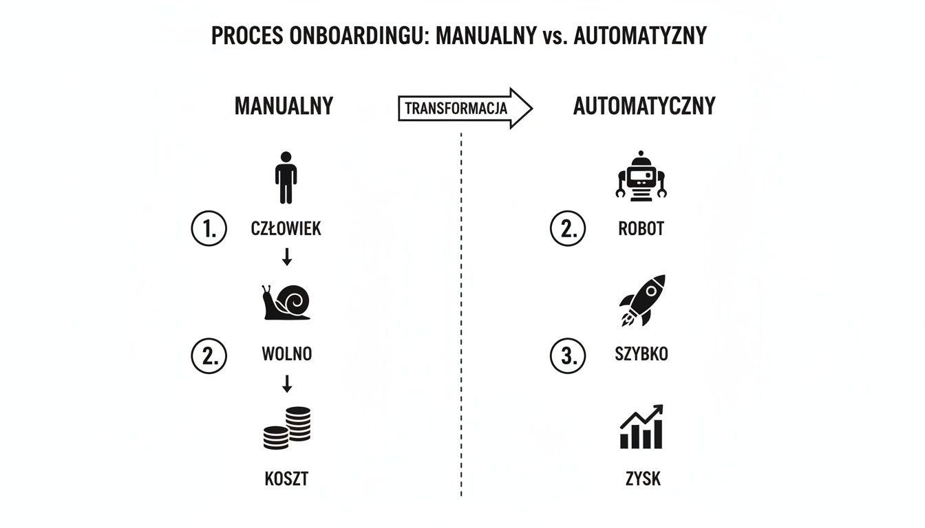 Infografika porównująca manualny i automatyczny proces onboardingu, ukazująca różnice w efektywności i kosztach.