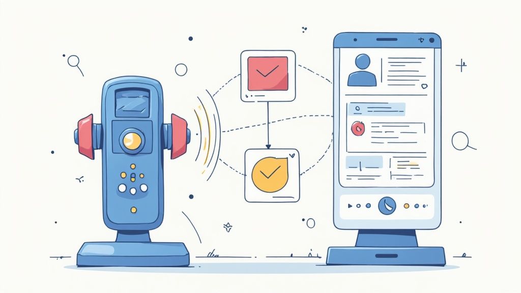 Ilustracja przedstawiająca robotyczne urządzenie i smartfon z interfejsem użytkownika, symbolizujące automatyzację procesów i wymianę danych.