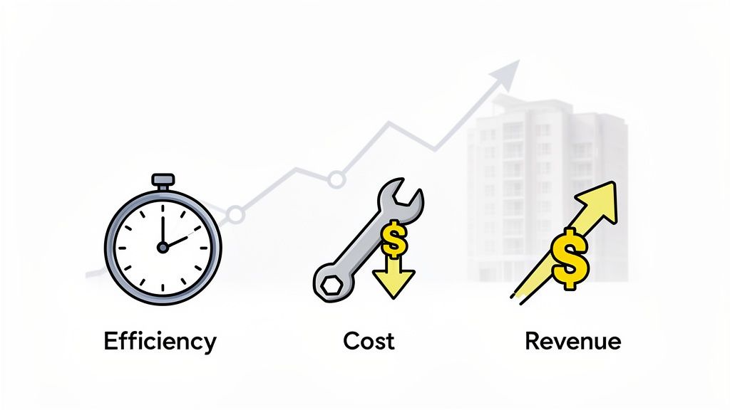 Icons illustrating efficiency (stopwatch), reduced costs, and increased revenue with a background graph and building.