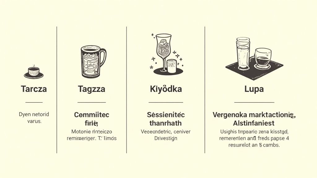 Cztery sekcje prezentujące różne napoje: filiżankę kawy, kubek, koktajl i szklanki, z nagłówkami i tekstem.