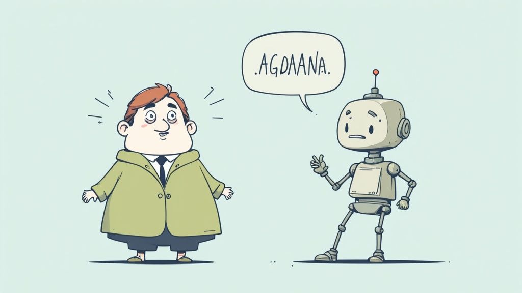 Inteligentny chatbot na ekranie komputera w biurze nieruchomości, pomagający klientowi w rezerwacji spotkania.