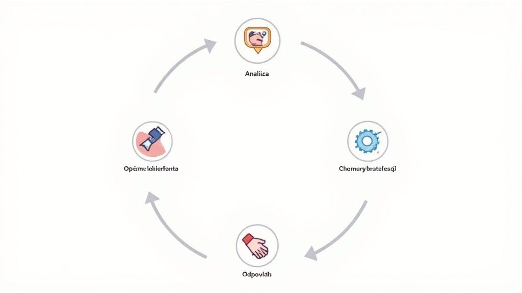 Diagram przedstawiający cykliczny proces w czterech krokach z ikonami i tekstem.