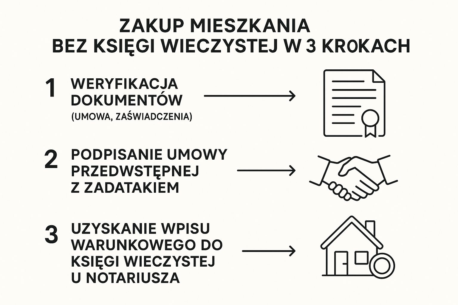 Infografika przedstawiająca 3-etapowy proces zakupu mieszkania bez księgi wieczystej weryfikacja dokumentów, umowa przedwstępna, wpis warunkowy u notariusza.