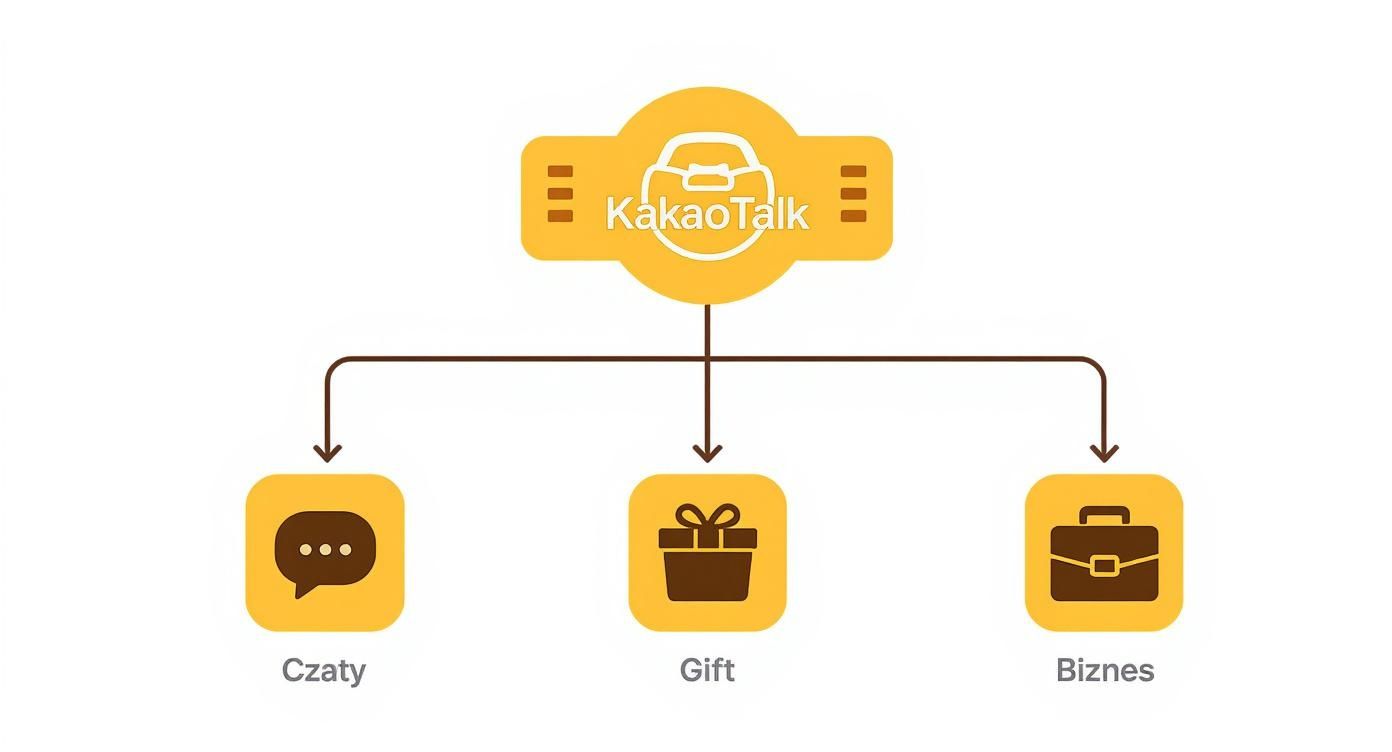 Diagram prezentujący główne funkcje aplikacji KakaoTalk: czaty, prezenty oraz usługi biznesowe.