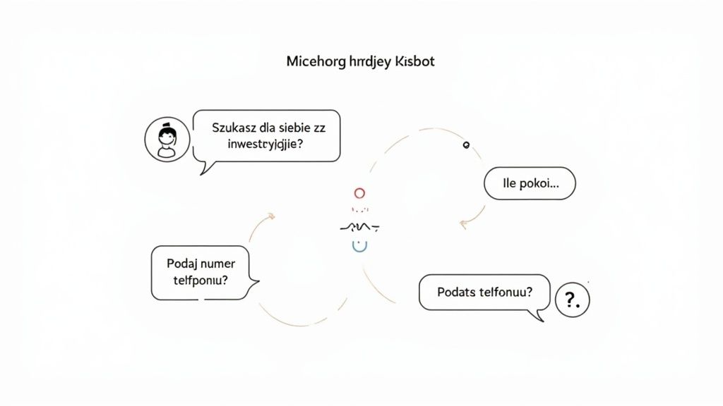 Diagram przedstawiający interakcję z chatbotem w języku polskim, z pytaniami o inwestycje i dane kontaktowe.