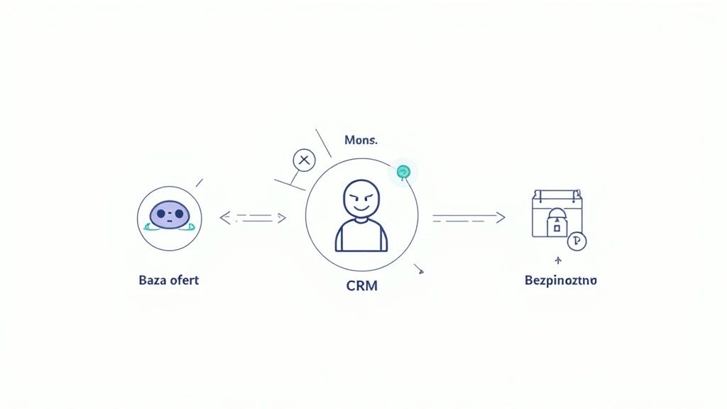 Diagram przedstawiający przepływ danych między bazą ofert, systemem CRM a procesami płatności, symbolizujący procesy biznesowe.