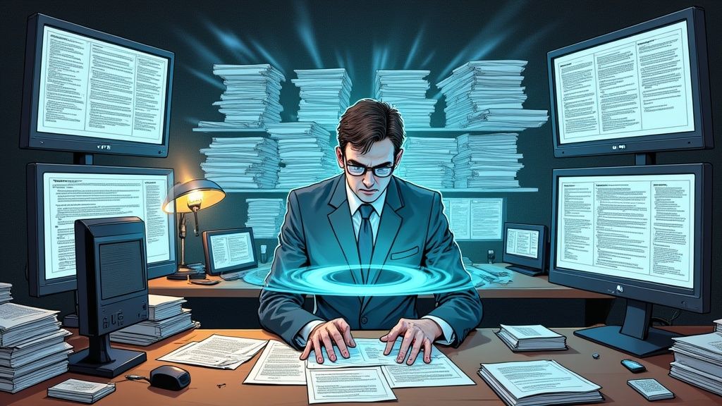 Prawnik pracujący przy biurku z nowoczesnymi technologiami w tle