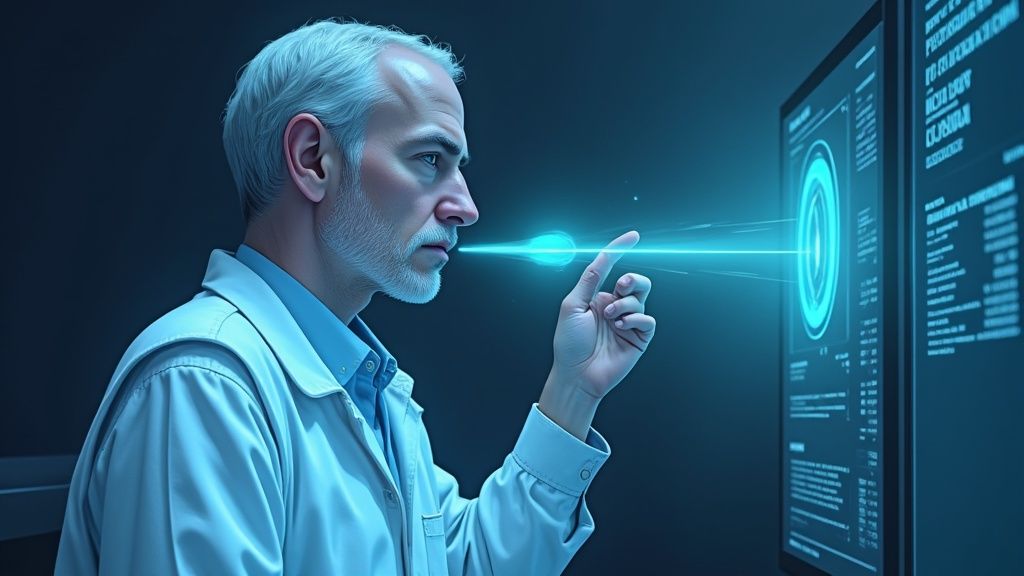 Mężczyzna w białej koszuli dotyka futurystycznego holograficznego ekranu z danymi monitoringu