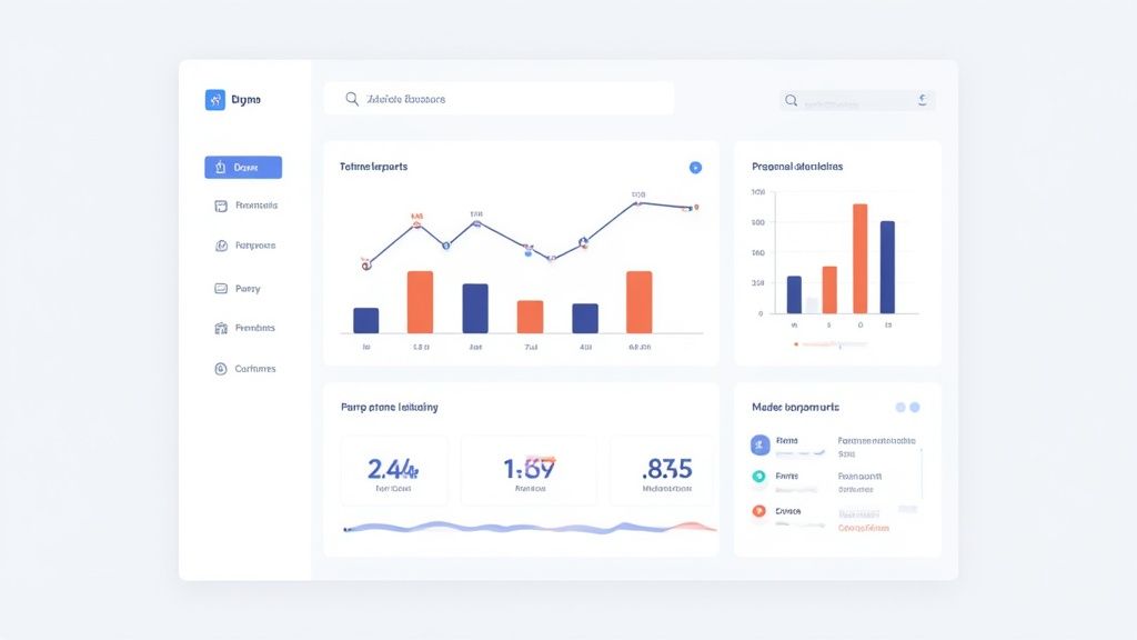 A modern data analytics dashboard on a screen showing various KPIs like customer satisfaction and response times.