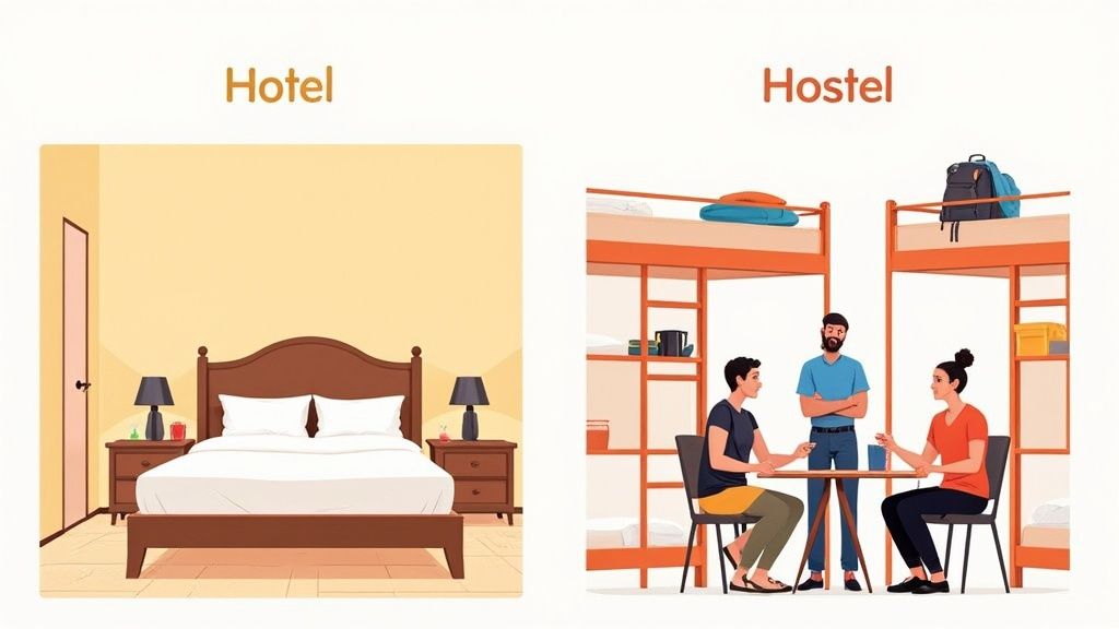 Porównanie hotelu (prywatny pokój z łóżkiem) i hostelu (wspólny pokój z łóżkami piętrowymi i rozmawiającymi ludźmi).