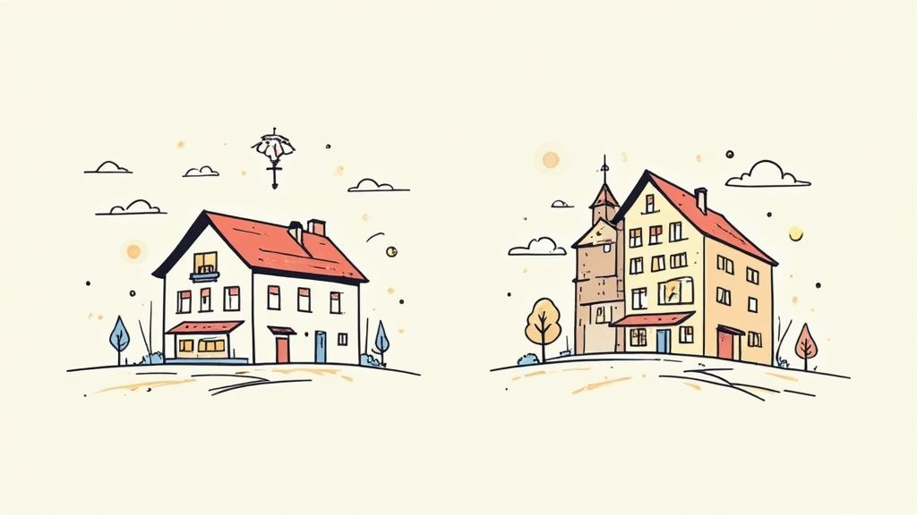 Dwa urocze, rysunkowe domy, każdy z czerwonym dachem, na wzgórzach z chmurami i drzewami.