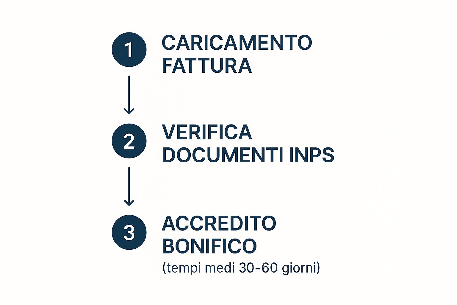 Bonus asilo nido: quando arrivano i soldi? Scopri i tempi INPS Infografica che mostra le tre fasi del pagamento del bonus asilo nido: caricamento fattura, verifica INPS e accredito bonifico in 30-60 giorni.