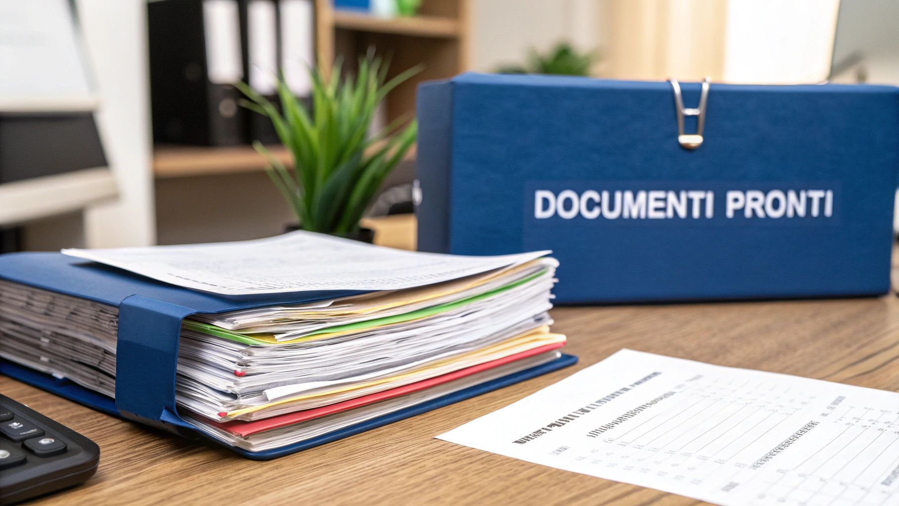 Sconto in fattura per ristrutturazione: la guida pratica Una scrivania ordinata con documenti, fatture, e una calcolatrice, simboleggia la pianificazione finanziaria per una ristrutturazione