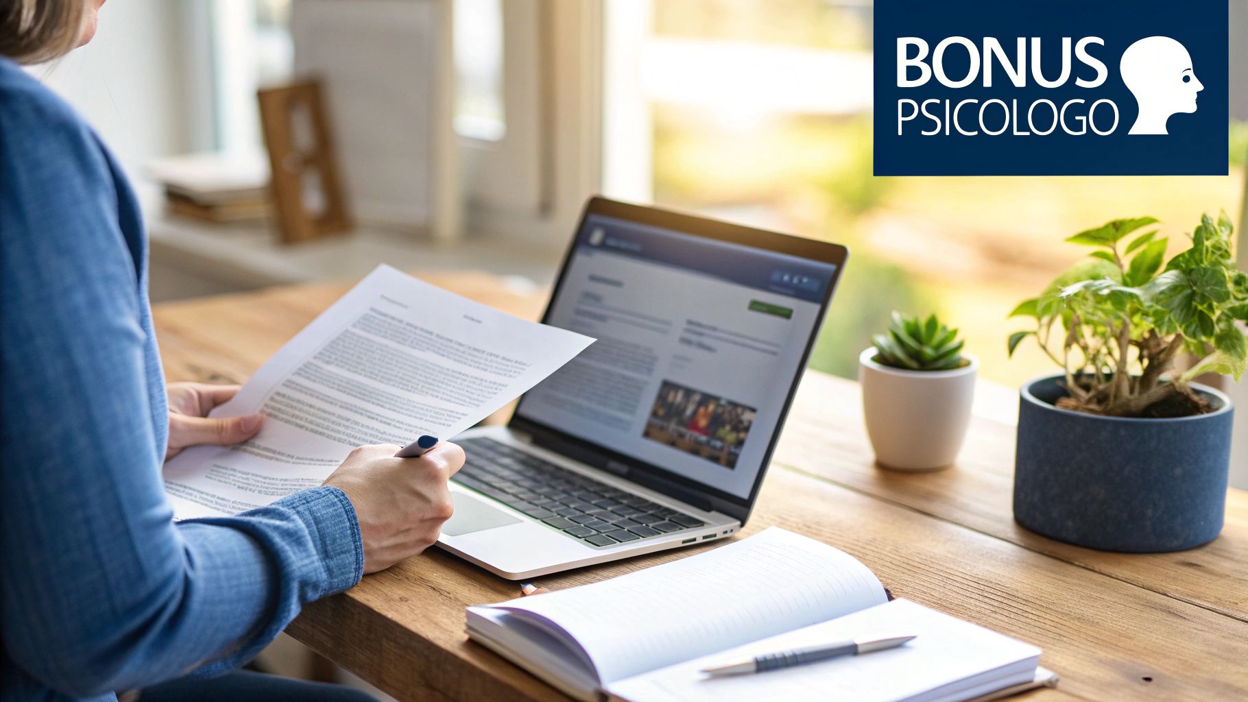 Donna sorridente che compila documenti su un laptop, simboleggiando la semplicità della richiesta del bonus psicologo
