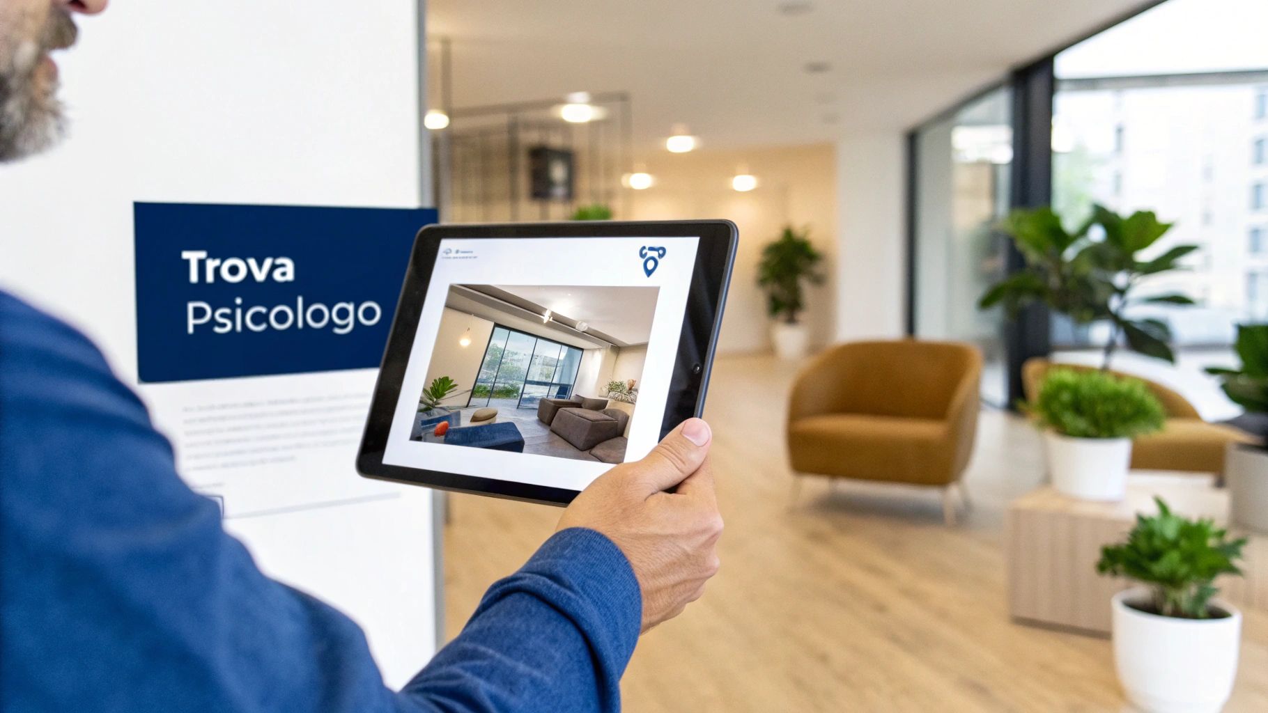 Una persona tiene in mano uno smartphone mostrando un codice, mentre sullo sfondo si intravede una stanza confortevole per la terapia.