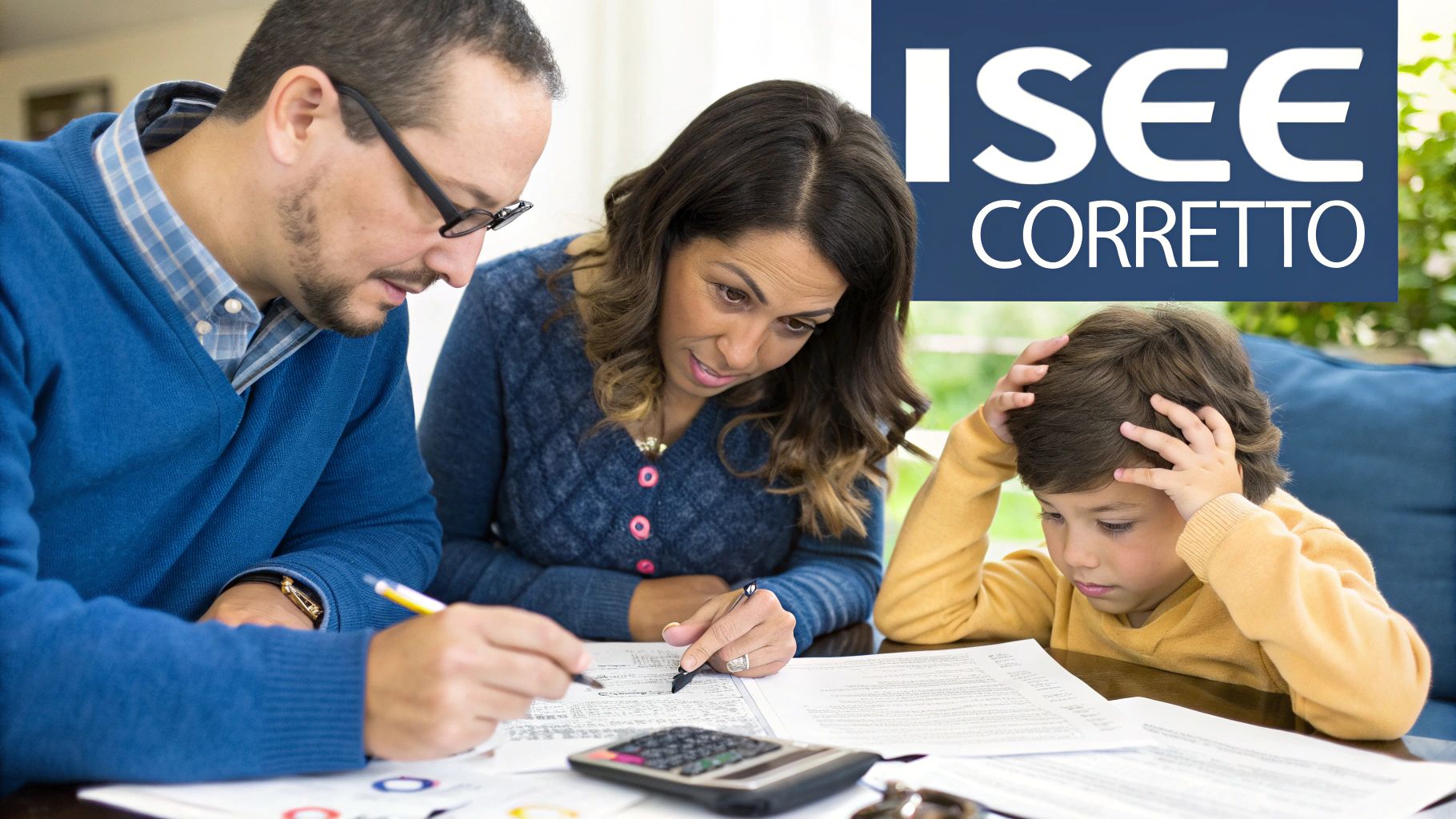 Agevolazioni per famiglie numerose: la guida completa Documenti ISEE e una calatrice su una scrivania
