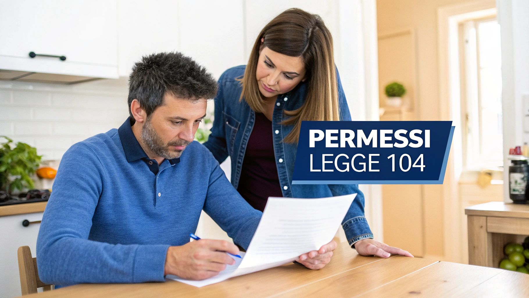 Una persona aiuta un familiare su una sedia a rotelle, simboleggiando l'assistenza prevista dalla Legge 104