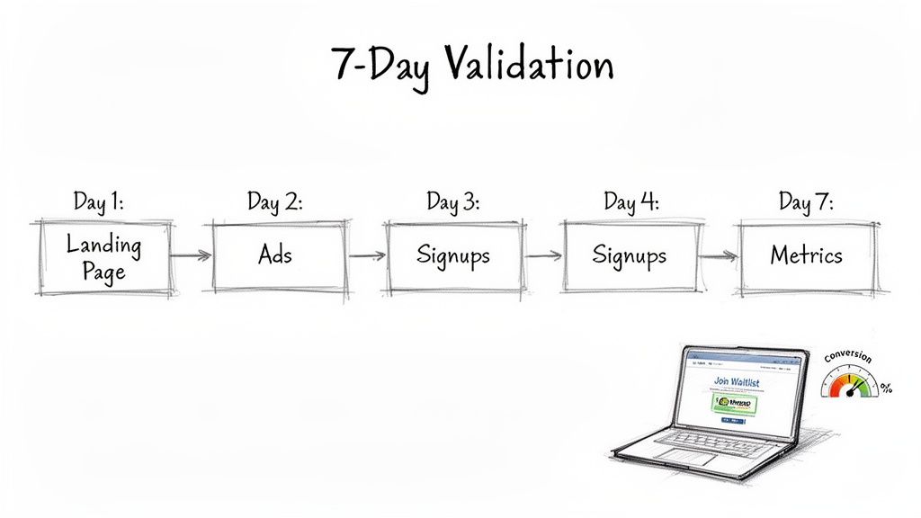 Flowchart showing a 7-day business idea validation process: landing page, ads, signups, and metrics.