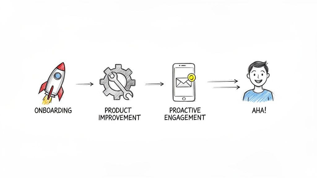 Diagram showing a customer journey: onboarding rocket, product improvement gear, proactive engagement phone, and happy user.