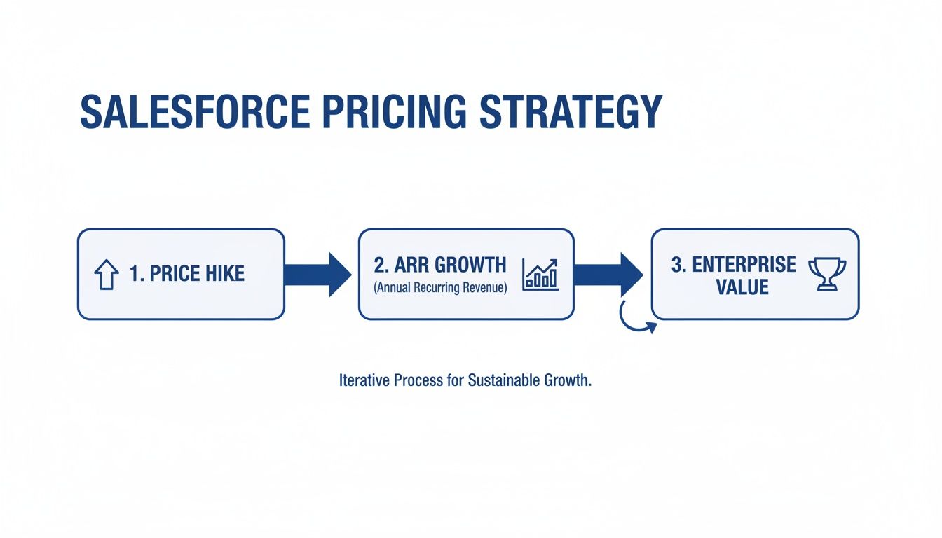 Salesforce pricing strategy diagram illustrating an iterative process of price hike, ARR growth, and enterprise value.