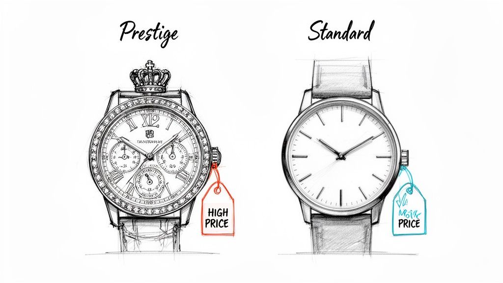 Illustration contrasting a prestige watch with a high price tag and a standard watch with a regular price tag.