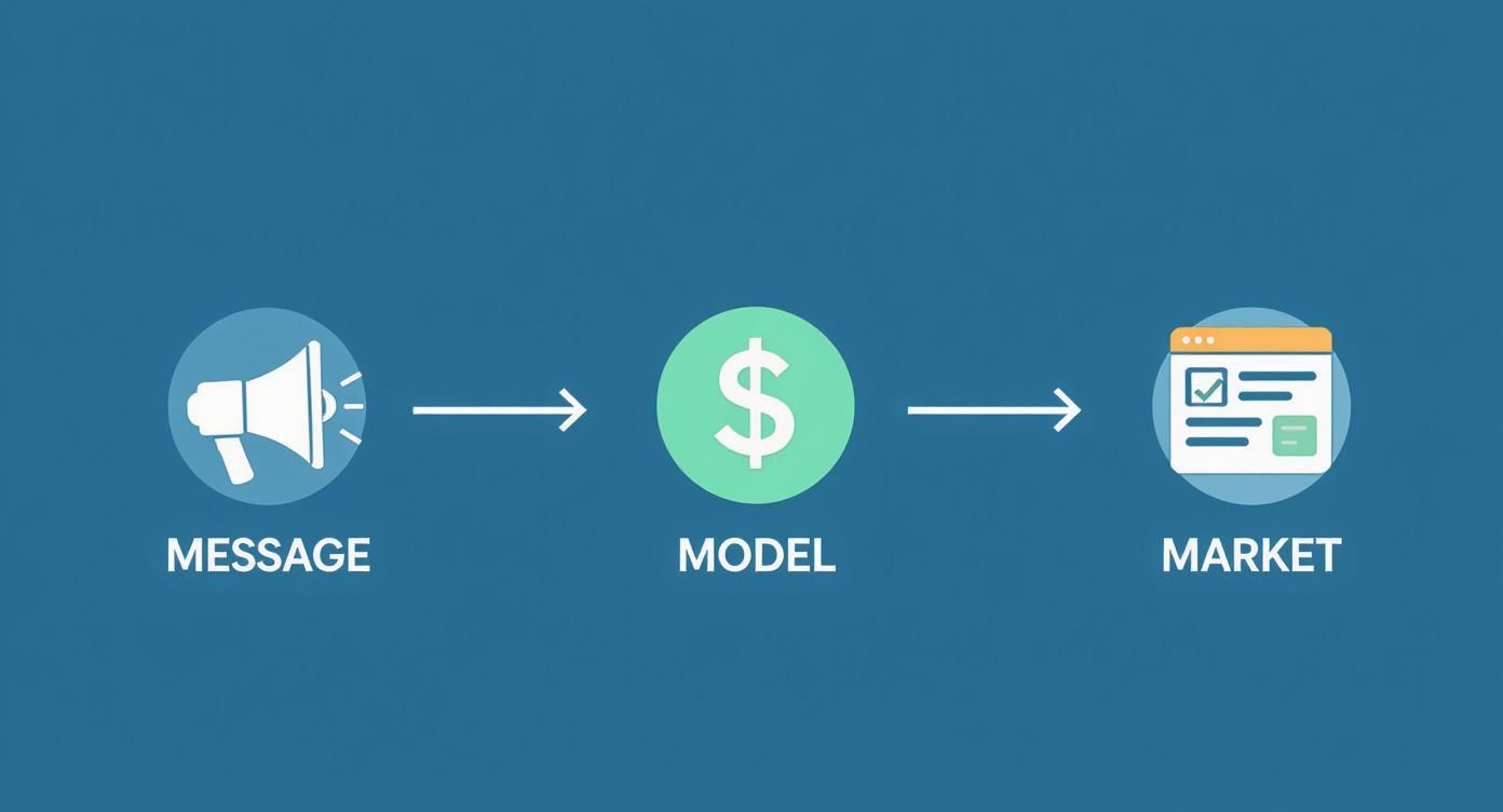 Infographic showing the EdTech go-to-market process flow with icons for Message, Model, and Market.