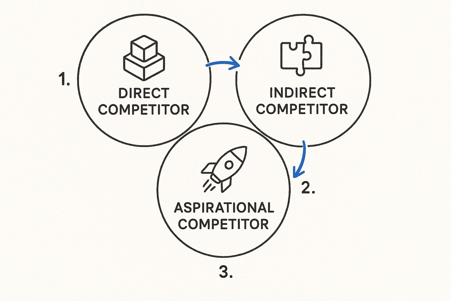 An infographic showing three overlapping circles representing Direct, Indirect, and Aspirational competitors.