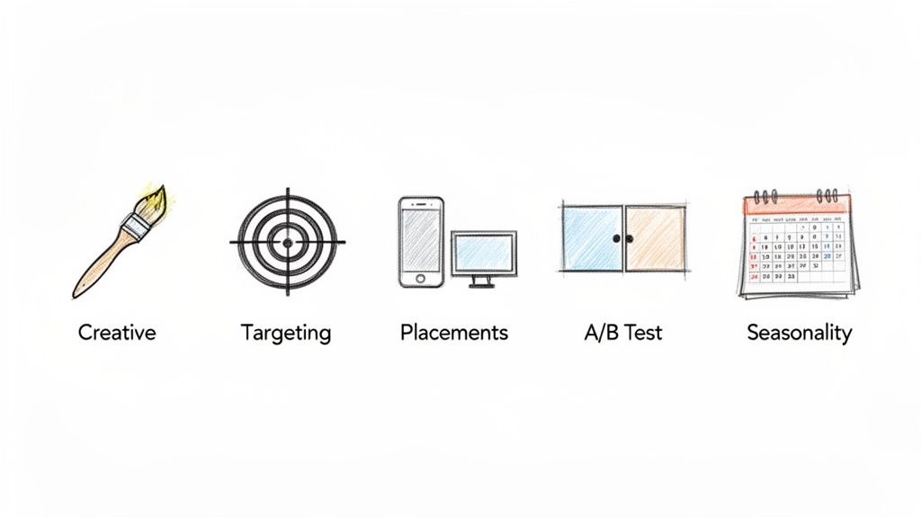 Illustrations showing five marketing concepts: Creative, Targeting, Placements, A/B Test, and Seasonality.
