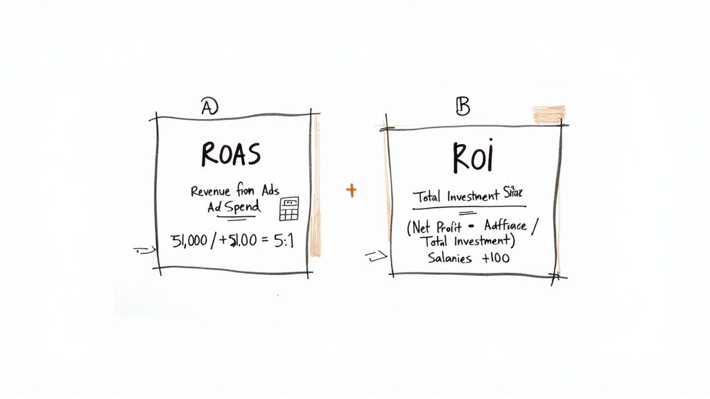An iceberg visual showing ROAS at the tip and all the hidden costs underneath the water