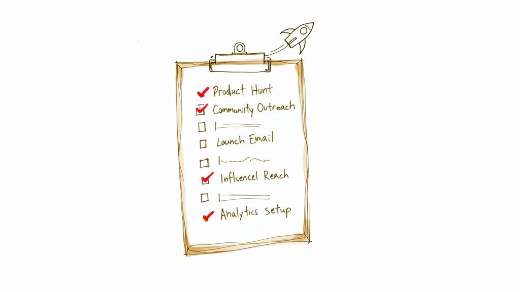 A person at a desk pressing a large 'launch' button on a keyboard, with rockets taking off in the background.