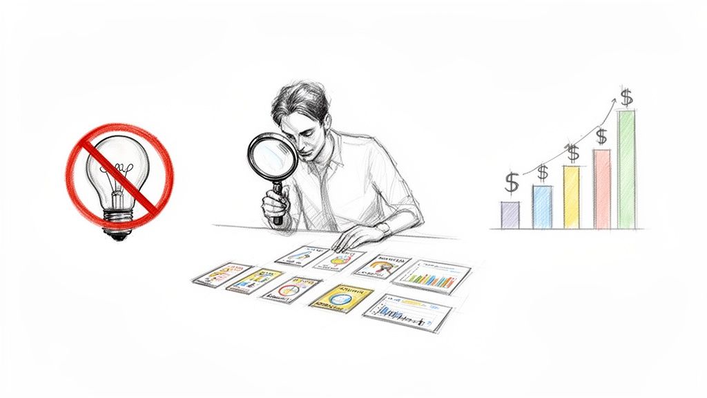 A person analyzing data with a magnifying glass to find profitable business ideas for growth.