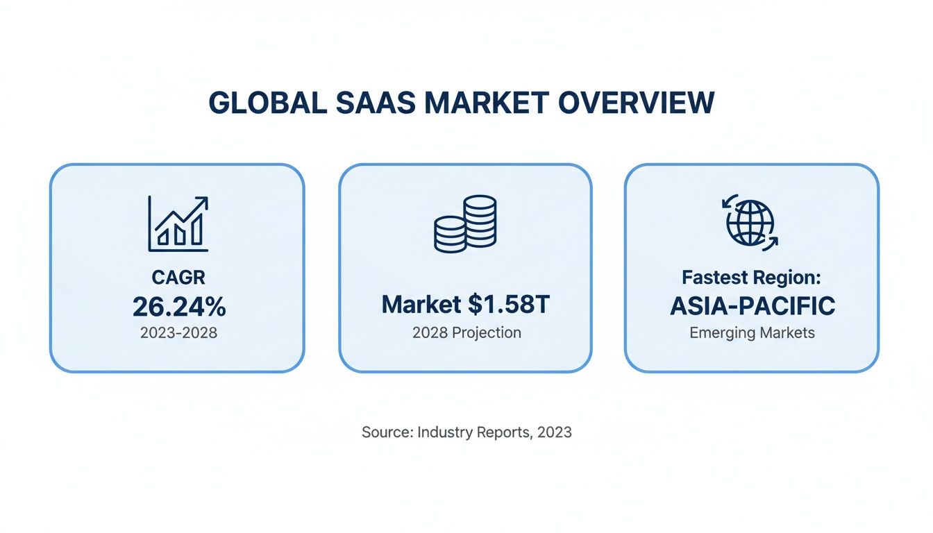 Global SaaS market overview displaying CAGR, market size projection, and fastest growing region.