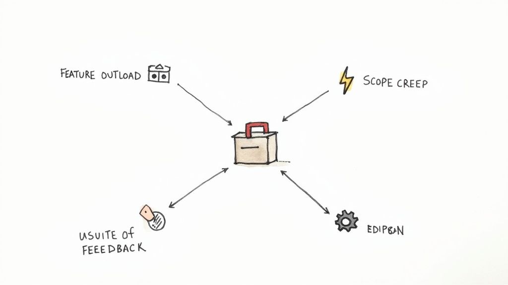 A person looking at a crossroads with signs pointing to 'More Features' and 'User Feedback', illustrating a common MVP dilemma.