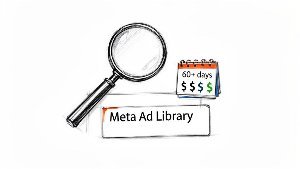 Sketch of a magnifying glass over 'Meta Ad Library', with a calendar showing '60+ days' and money symbols.