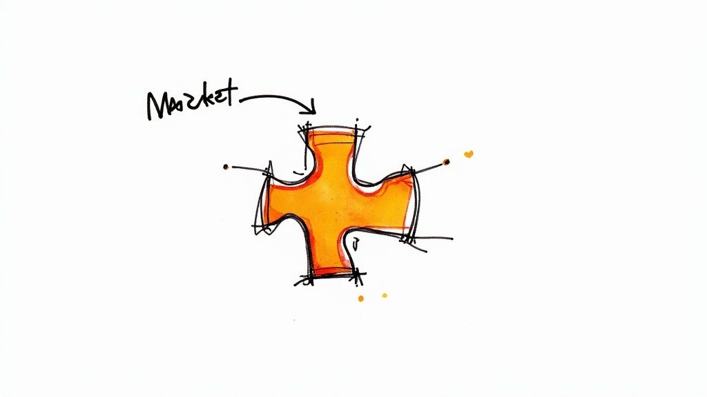 A simple diagram showing the intersection of a gear representing a product and a group of people representing the market, with 