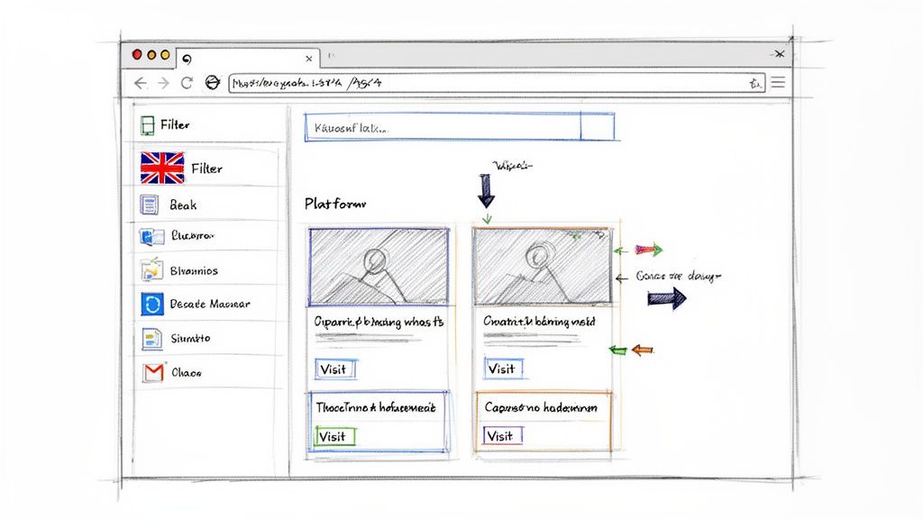 Hand-drawn sketch of a web browser interface with navigation filters and content cards.