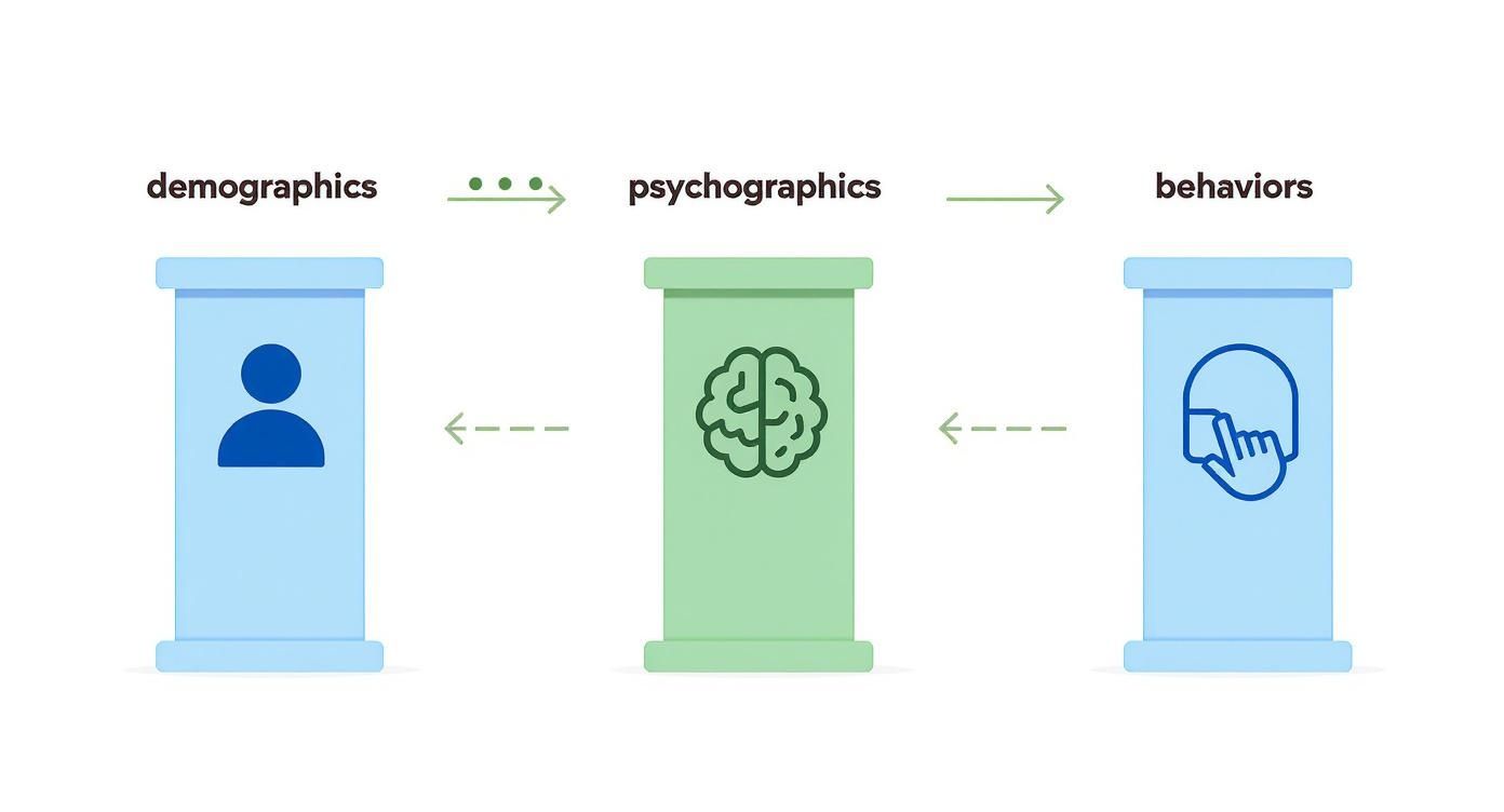 Infographic showing the three pillars of audience analysis: Demographics with a user icon, Psychographics with a brain icon, and Behaviors with a mouse click icon.