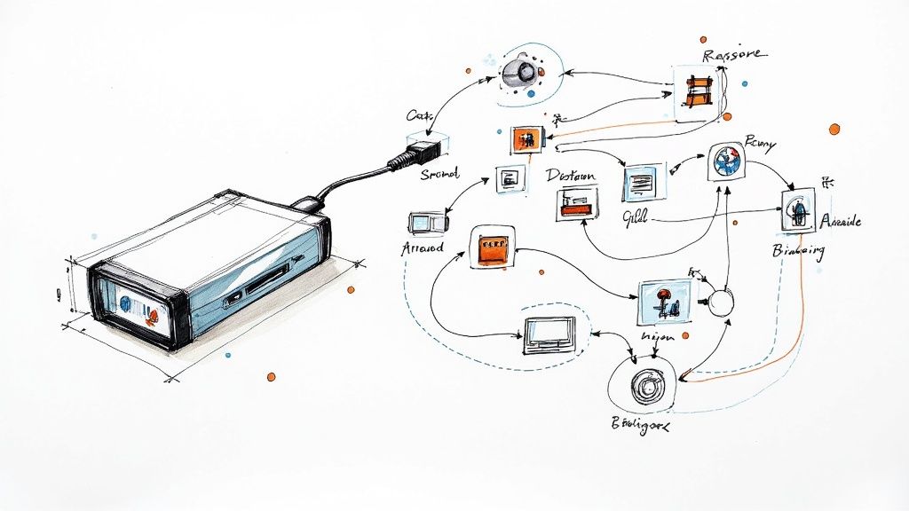 A person pointing at an interactive dashboard on a large screen, showing various charts and data visualizations.
