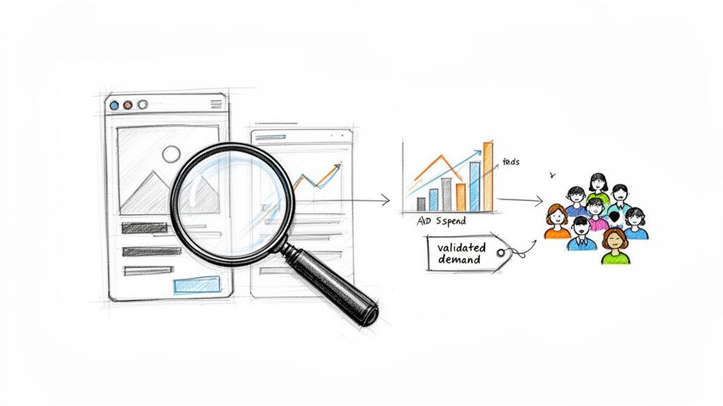 Illustration of market analysis: digital interface review, ad spend, validated demand, and target audience.