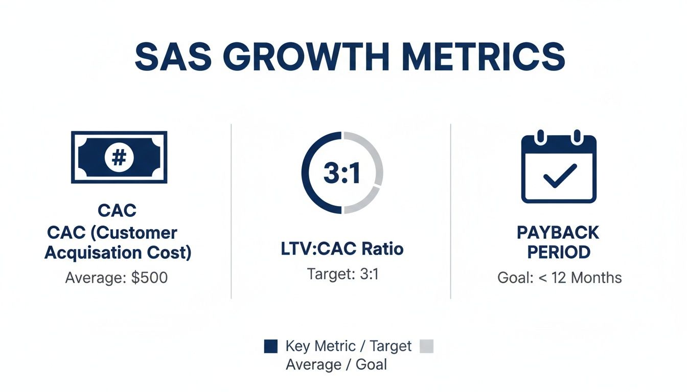 SaaS growth metrics infographic showing Customer Acquisition Cost ($500 average), LTV:CAC Ratio (3:1 target), and Payback Period (goal < 12 months).