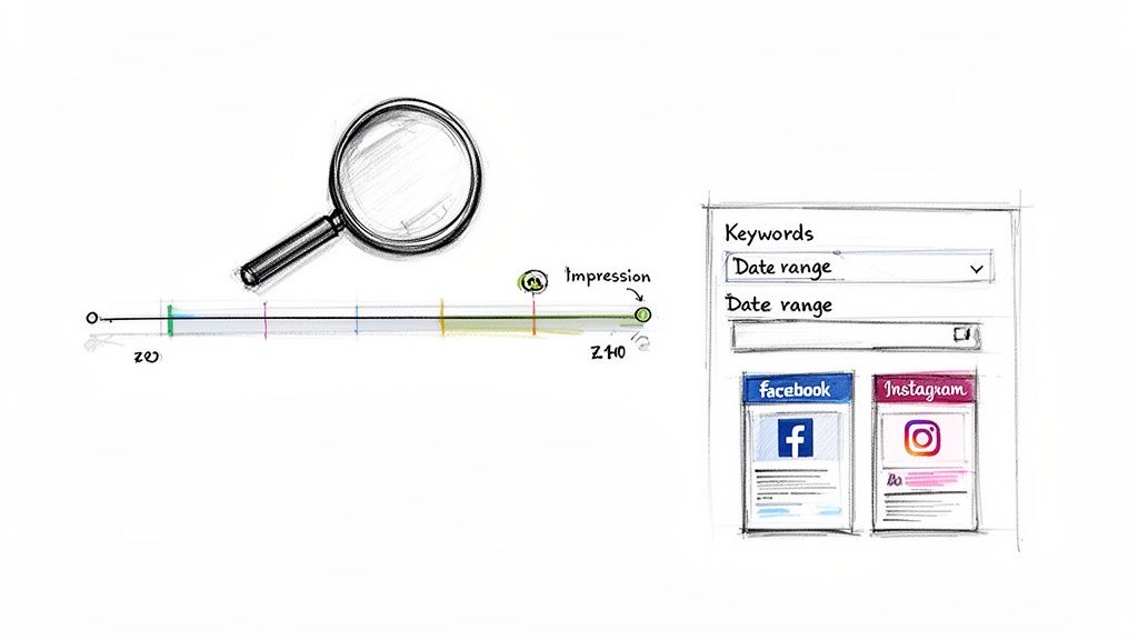 Sketch of search tools including a magnifying glass, timeline, and filters for social media ads on Facebook and Instagram.