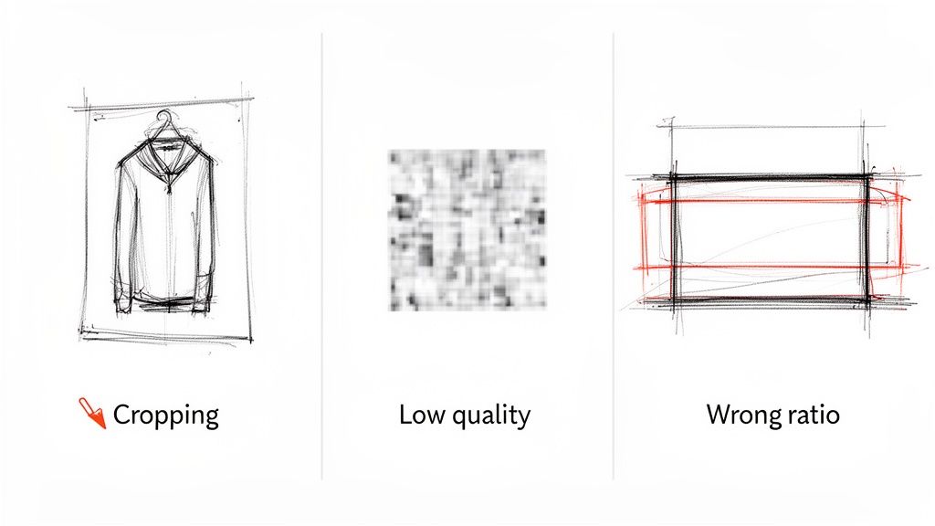 Three panels illustrate common image errors: cropped shirt, low quality pixelation, and wrong aspect ratio frame.