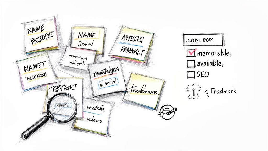 A whiteboard sketch illustrating the process of choosing a brand name and domain, including notes and a checklist.