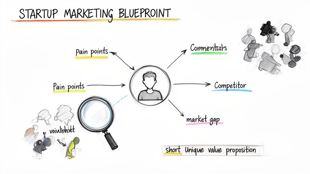A diagram illustrating a startup marketing blueprint, focusing on customer analysis, pain points, and market.