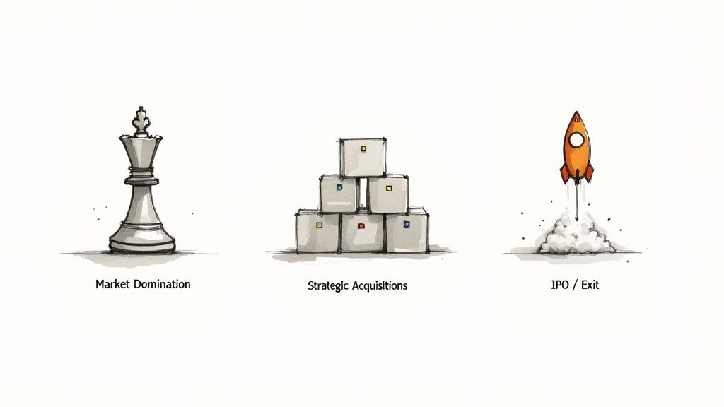 Three business people analyzing a strategic plan on a whiteboard