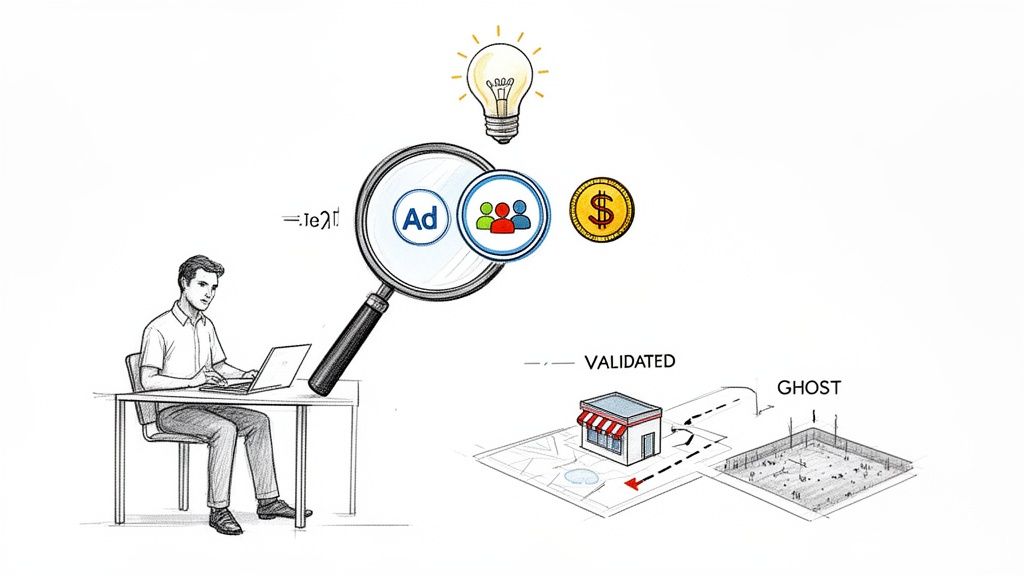 A person uses a laptop to analyze ads, audience, and revenue, with validated and ghost business locations.