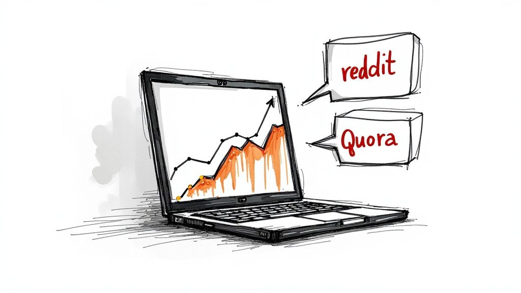 A person analyzing data on a computer screen to find niche ideas.